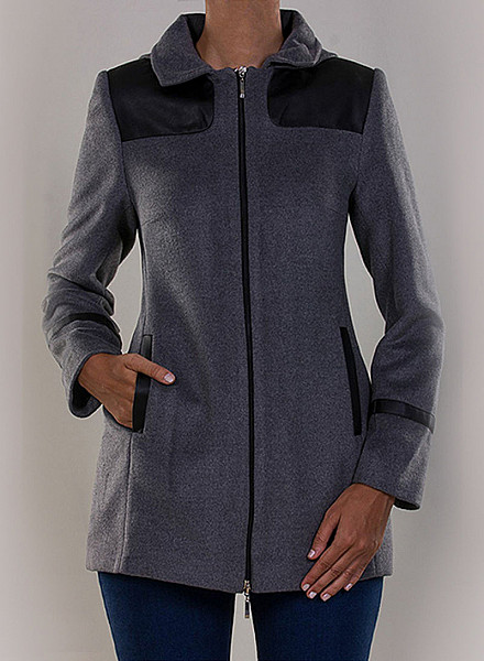 Casual Collared Neck Long Sleeve Zipped Coat Grey/Black